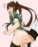  1girl admiral_(kantai_collection) ass ass_grab asymmetrical_legwear blush brown_eyes brown_hair grabbing_another's_ass groping hair_ribbon hand_on_ass kantai_collection long_hair no_panties open_mouth pelvic_curtain remodel_(kantai_collection) ribbon serakoutarou surprised sweatdrop thighhighs tone_(kantai_collection) twintails wavy_mouth white_background white_ribbon 