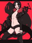  bad_id bad_pixiv_id black_eyes black_hair black_jacket black_legwear boots breasts character_name english fur fur_trim happy jacket lipstick looking_at_viewer makeup medium_breasts merlin_(nanatsu_no_taizai) nanatsu_no_taizai navel red_background red_lipstick short_hair shorts sideboob simple_background smile solo standing taimu_(bier) thigh_boots thighhighs 