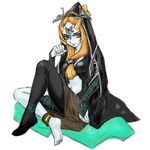  anklet barefoot blue_skin breasts circlet grin hood jewelry lips long_hair medium_breasts midna midna_(true) mieko_(karin_kinako) orange_eyes orange_hair robe sitting smile solo spoilers the_legend_of_zelda the_legend_of_zelda:_twilight_princess 