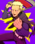  blonde_hair chair gakuran jacket jacket_on_shoulders jewelry necklace nose_piercing open_mouth persona persona_4 persona_4:_the_ultimate_in_mayonaka_arena persona_4:_the_ultimax_ultra_suplex_hold piercing sami_(object_dump) scar school_uniform shadow_(persona) shadow_kanji short_hair smile tatsumi_kanji yellow_eyes 