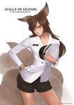  absurdres ahri alternate_costume animal_ears brown_eyes brown_hair fox_ears fox_tail girls'_generation hand_on_hip hat hat_removed headwear_removed highres league_of_legends long_hair looking_at_viewer multiple_tails name_tag saramande solo tail 