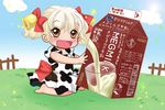  :d animal_print bell bow brown_eyes chibi commentary_request cow_print dress hair_bow hair_ornament hair_ribbon light_brown_hair looking_at_viewer milk_carton open_mouth original ribbon sitting smile solo twintails yuzuna99 