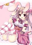  :d animal_ears bow breasts brown_hair bunny_ears detached_sleeves hair_bow hair_ribbon highres himemiya_niina long_hair looking_at_viewer medium_breasts open_mouth original panties pantyshot pantyshot_(sitting) purple_eyes ribbon sitting smile solo sparkle striped striped_legwear thighhighs two_side_up underwear white_panties wrist_cuffs 