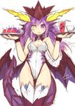  adapted_costume blush breasts cleavage collarbone covered_navel cowboy_shot cup detached_collar dragon_girl dragon_horns dragon_tail dragon_wings drink drinking_straw fang from_above head_fins heterochromia highres holding holding_plate horns leotard long_hair looking_at_viewer looking_down medium_breasts mou_tama_maru open_mouth plate purple_eyes purple_hair purple_wings puzzle_&amp;_dragons scales simple_background sketch solo sonia_(p&amp;d) tail thigh_gap thighhighs white_background wings wrist_cuffs yellow_eyes 
