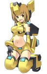  armor armored_boots boots breasts brown_eyes brown_hair cosmic_break headgear highres kneeling medium_breasts midriff morizo_cs official_art rei_(cosmic_break) smile solo 