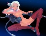  1girl areolae armpits blush boots breasts censored lal&#039;c_mellk_mal lal'c_mellk_mal legs looking_at_viewer navel nipples nude pussy quadrastate short_hair simple_background small_breasts smile solo spread_legs thigh_boots thighhighs thighs top_wo_nerae_2! white_hair yellow_eyes 