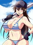  alternate_hairstyle baseball_bat baseball_cap bikini blush breasts brown_eyes brown_hair cleavage day gloves hair_down hat huge_breasts long_hair megane_man momoe_maria navel ookiku_furikabutte smile solo striped striped_bikini sweat swimsuit 