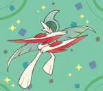  cape gallade gen_4_pokemon horns looking_at_viewer mega_gallade mega_pokemon no_humans pokemon pokemon_(creature) pose red_eyes shiwo_(siwosi) smile solo spikes weapon 