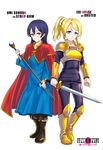  armor ayase_eli blonde_hair blue_eyes blue_hair blush cosplay infinote live_a_live long_hair looking_at_viewer love_live! love_live!_school_idol_project multiple_girls oersted smile sonoda_umi straybow sword title_parody wand weapon 