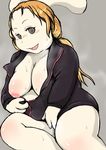  areola blush bottomless breasts chubby female jacket kokkooman lagomorph mammal overweight smile solo undressing 
