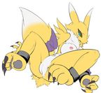  2014 anthro anus areola bandai breasts canine chest_tuft claws colored digimon erect_nipples female fox fur gloves kikunyi mammal navel nipples open_mouth pawpads paws plain_background pussy renamon solo tuft white_fur yellow_fur 