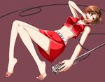  bad_id bad_pixiv_id barefoot brown_eyes brown_hair lying meiko microphone microphone_stand nail_polish navel on_back short_hair simple_background skirt solo sorano_namida toenail_polish vocaloid 