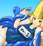  bikkuru blonde_hair blush breasts capcom_fighting_jam covered_navel genderswap genderswap_(mtf) helmet large_breasts long_hair lying midnight_bliss nool on_side one-piece_swimsuit red_eyes school_swimsuit smile solo swimsuit tentacles thighhighs warzard white_legwear 