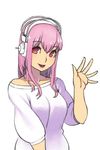  breasts headphones large_breasts long_hair looking_at_viewer nitroplus open_hand open_mouth pink_eyes pink_hair smile solo super_sonico sweater yuksi 