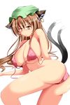  alternate_hair_length alternate_hairstyle animal_ears ass bikini blush breasts brown_hair cat_ears cat_tail chen covered_nipples earrings hat highres hiro_(phese) jewelry large_breasts long_hair mob_cap multiple_tails nekomata older slit_pupils smile solo swimsuit tail touhou untied yellow_eyes 