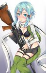  blue_eyes blue_hair blush breasts cleavage gun highres looking_at_viewer medium_breasts nora_(gurimu000) pgm_hecate_ii rifle short_hair sinon sitting sniper_rifle solo sword_art_online weapon 