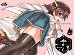  1girl :o artist_name ass black_legwear blush breasts brown_hair detached_sleeves from_behind hairband hiei_(kantai_collection) high_heels japanese_clothes kantai_collection looking_at_viewer looking_back medium_breasts nontraditional_miko open_mouth panties panty_peek pantyshot pink_background profile purple_eyes short_hair sideboob simple_background skirt solo surprised thighhighs thighs tokita_monta twitter_username underwear upskirt white_panties 