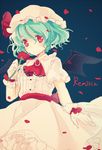  ascot bat_wings black_background blue_hair bow brooch character_name flower hat hat_bow jewelry karunabaru petals red_hair remilia_scarlet rose solo touhou wings 