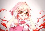  bandaged_arm bandages blood brown_eyes ello glasses hemokinesis jewelry kuriyama_mirai kyoukai_no_kanata looking_at_viewer mouth_hold pink_hair red-framed_eyewear ring short_hair solo wedding_band 