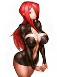  adapted_costume breasts center_opening cleavage cleavage_cutout covered_nipples cross curvy fumio_(rsqkr) hair_over_one_eye large_breasts long_hair navel parasoul_(skullgirls) red_eyes red_hair simple_background skull skullgirls solo thighs white_background wide_hips 