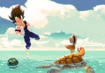  animal black_hair blue_sky blurry boots cloud day dragon_ball dragon_ball_z flying food fruit hat highres horizon male_focus muscle net ocean outdoors skin_tight sky solo spiked_hair straw_hat supobi swimming turtle umigame_(dragon_ball) vegeta water watermelon 