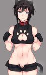  animal_ears black_gloves black_hair blue_eyes cleavage_cutout collar cowboy_shot dominica_s_gentile em fake_animal_ears gloves looking_at_viewer navel open_fly paw_pose pubic_hair short_hair solo thigh_gap toned unzipped world_witches_series 