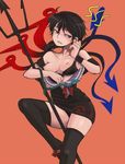 asymmetrical_hair asymmetrical_wings bare_shoulders black_dress black_hair black_legwear bow bra bra_removed breasts dress houjuu_nue microdress nipples off_shoulder opagi open_clothes open_dress orange_background panties parted_lips polearm red_eyes short_hair simple_background small_breasts snake solo thighhighs touhou trident underwear weapon wings wristband 