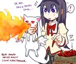  1girl akemi_homura black_hair breathing_fire chili_pepper english fire hairband holding kyubey long_hair mahou_shoujo_madoka_magica pepper sack school_uniform silverxp spicy strangling 