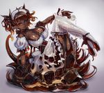  breasts brown_eyes brown_hair chikokuma cleavage dark_skin earrings goo_girl high_heels horns jewelry large_breasts looking_at_viewer maid monster_girl original pointy_ears shiny short_hair solo thighhighs white_legwear 