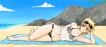  1girl barefoot beach beach_towel bikini blonde_hair blush checkered checkered_bikini female katawa_shoujo looking_at_viewer lying mound_of_venus navel ocean on_side red_eyes satou_akira see-through shirt short_hair side-tie_bikini signature small_breasts smile solo sunglasses sunglasses_on_head swimsuit toes twrlare wet wet_clothes wet_shirt wide_hips 