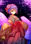  gradient_hair hair_ornament hakama hieda_no_akyuu japanese_clothes kimono looking_at_viewer multicolored_hair petals purple_eyes purple_hair red_hakama short_hair sketch solo touhou yetworldview_kaze 