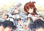  blue_eyes blush brown_eyes brown_hair folded_ponytail hammer_and_sickle hat hibiki_(kantai_collection) holding_hands inazuma_(kantai_collection) kantai_collection long_hair lying multiple_girls on_back school_uniform seminoyu serafuku short_hair skirt star verniy_(kantai_collection) water white_hair 