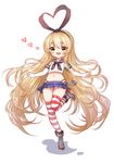  anchor blonde_hair blush cha_chazi elbow_gloves gloves hairband heart kantai_collection long_hair navel outstretched_arms shimakaze_(kantai_collection) simple_background skirt solo striped striped_legwear thighhighs very_long_hair white_background white_gloves yellow_eyes 
