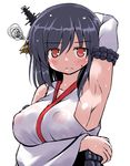  arm_up armpits black_hair blush breast_hold breasts covered_nipples detached_sleeves hair_ornament kantai_collection large_breasts looking_at_viewer nontraditional_miko red_eyes short_hair sideboob solo squiggle sweat tsuzuri_(tuzuri) upper_body yamashiro_(kantai_collection) 