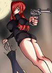  ass ayuayu_(shouyu_no_sato) breasts brown_eyes closed_umbrella commentary_request gun handgun large_breasts long_hair luger_p08 parasoul_(skullgirls) pistol planted_umbrella red_hair skirt skullgirls solo thighs umbrella weapon 