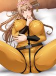  blush bodysuit breasts brown_eyes brown_hair cosplay covered_nipples kantai_collection large_breasts long_hair looking_at_viewer lying mori_yuki mori_yuki_(cosplay) namesake nokobeya on_back open_mouth orange_bodysuit ponytail solo spread_legs uchuu_senkan_yamato uchuu_senkan_yamato_2199 yamato_(kantai_collection) 