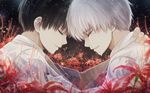  angel31424 black_hair closed_eyes dual_persona field flower flower_field forehead-to-forehead hug kaneki_ken multiple_boys open_mouth short_hair smile spider_lily tears time_paradox tokyo_ghoul white_hair 
