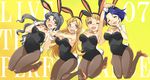  absurdres animal_ears black_hair blonde_hair blue_eyes blue_hair bow bowtie bunny_ears bunny_tail bunnysuit closed_eyes detached_collar fake_animal_ears fukuda_noriko hairband hekeniko highres idolmaster idolmaster_(classic) idolmaster_million_live! long_hair miura_azusa multiple_girls one_eye_closed pantyhose red_eyes shinomiya_karen short_hair tail takayama_sayoko wrist_cuffs 