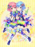 1girl ;d blue_eyes blue_hair bow brother_and_sister checkered checkered_legwear colorful dorothy_west dress frills full_body gloves green_gloves grin hair_bow hair_ornament hair_ribbon highres leona_west looking_at_viewer mole mole_under_eye multicolored multicolored_bow multicolored_clothes multicolored_legwear multicolored_skirt necktie one_eye_closed open_mouth otoko_no_ko pink_eyes pink_hair plaid pretty_(series) pripara ribbon shoes short_hair siblings skirt smile thighhighs touyama_soboro twins zettai_ryouiki 