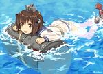  amagai_tarou bangs brown_eyes brown_hair clothes_writing dress drum_(container) hair_ornament kantai_collection open_mouth panties rope sailor_dress see-through short_hair solo swimming underwear water yukikaze_(kantai_collection) 