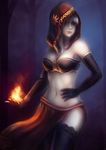  bare_shoulders black_gloves black_legwear breasts cleavage cubehero dark_souls_ii desert_sorceress elbow_gloves fireball gloves hand_on_hip hood looking_to_the_side medium_breasts navel pale_face pale_skin red_eyes skirt solo souls_(from_software) thighhighs white_hair white_skin 