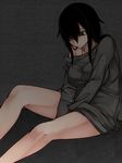  against_wall aoshima bare_legs between_legs black_eyes black_hair black_shirt breasts collarbone commentary dark expressionless hair_over_one_eye hand_between_legs highres large_breasts looking_down original shirt shirt_slip short_hair sidelocks sitting solo 