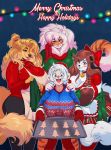  2018 amber_eyes anthro apron big_breasts blue_eyes boosterpang breasts brown_hair buxbi_(character) canine christmas cleavage clothed clothing cookie digital_media_(artwork) dog dogmom english_text feline female food fully_clothed group hair hi_res holding_object holidays holly_applebee jamie_(boosterpang) long_hair mabel_(cherrikissu) mammal open_mouth open_smile saluki smile sweater text tiger white_hair 