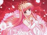  blush cross crown dress elbow_gloves from_above gloves long_hair looking_at_viewer nishimata_aoi original parted_lips petals pink_hair princess red_eyes very_long_hair white_dress white_gloves 