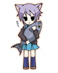  animal animal_ears black_eyes blue_skirt blush blush_stickers cardigan cat_ears check_translation chestnut_mouth fish full_body holding holding_animal jitome kamoi_hayato kemonomimi_mode kita_high_school_uniform long_sleeves looking_at_viewer nagato_yuki open_mouth purple_hair school_uniform serafuku shoes short_hair simple_background skirt socks solo suzumiya_haruhi_no_yuuutsu text_focus translation_request tuna white_background 