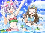  ^_^ arm_up bikini blush bow brown_hair clenched_hand closed_eyes double_bun ehime_nao eyewear_on_head hair_bow hairband heart long_hair manaka_lala multiple_girls navel open_mouth partially_submerged pretty_(series) pripara purple_hair short_hair sunglasses swimsuit takoyaki_shoujo water 