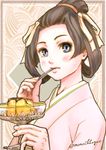  blue_eyes blush brown_hair dai_gyakuten_saiban eating food fork fork_in_mouth gyakuten_saiban japanese_clothes kimono looking_at_viewer mikotoba_susato short_hair solo sweat wakadori 