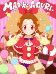  alternate_costume ashita_wa_hitsuji bangs_pinned_back blush bow brown_hair candy candy_cane capelet character_name checkerboard_cookie cherry cookie dokidoki!_precure food fruit hair_bow highres lollipop long_hair macaron madoka_aguri pocky precure pudding red_eyes smile solo strawberry_pocky sweets unmoving_pattern wafer_stick 