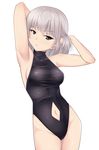  armpits arms_behind_head arms_up bad_id bad_pixiv_id breasts competition_swimsuit contrapposto cowboy_shot eyebrows_visible_through_hair girls_und_panzer green_eyes groin half-closed_eyes halterneck highleg highleg_swimsuit highres itsumi_erika medium_breasts navel_cutout nksk one-piece_swimsuit sideboob silver_hair simple_background solo swimsuit white_background 