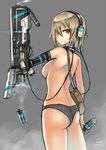  2014 amputee arm_cannon ass bag bag_charm black_panties breasts brown_hair cable casing_ejection charm_(object) cowboy_shot cyborg dated expressionless from_behind gia gun hair_over_one_eye headphones highres large_breasts looking_at_viewer looking_back no_pants original panties prosthesis red_eyes shell_casing short_hair shoulder_bag sideboob signature smoke smoking_gun solo topless underwear underwear_only weapon 